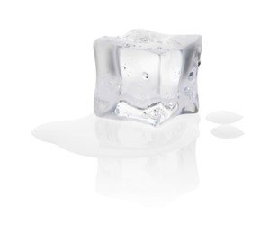 Photo of One melting crystal clear ice cube isolated on white