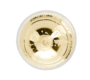 Glass of champagne on white background, top view. Festive drink