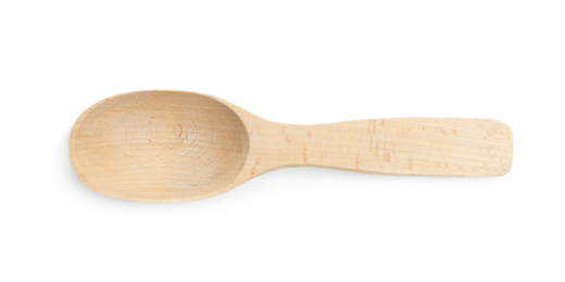 Wooden spoon isolated on white, top view. Cooking utensil