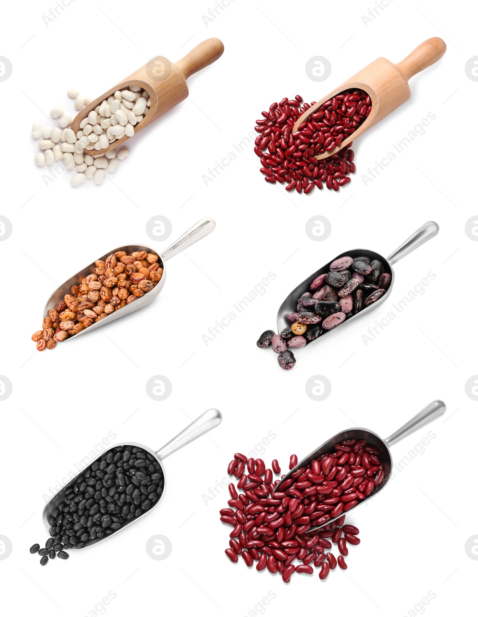 Image of Different raw kidney beans in scoops isolated on white, collection