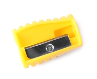 Bright yellow pencil sharpener isolated on white, top view. School stationery