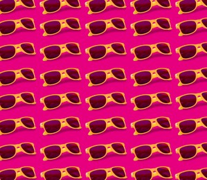 Image of Many stylish sunglasses on pink background. Seamless pattern design