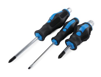 Set of screwdrivers with blue handles isolated on white