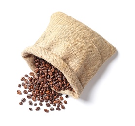 Photo of Overturned bag with roasted coffee beans on white background, top view