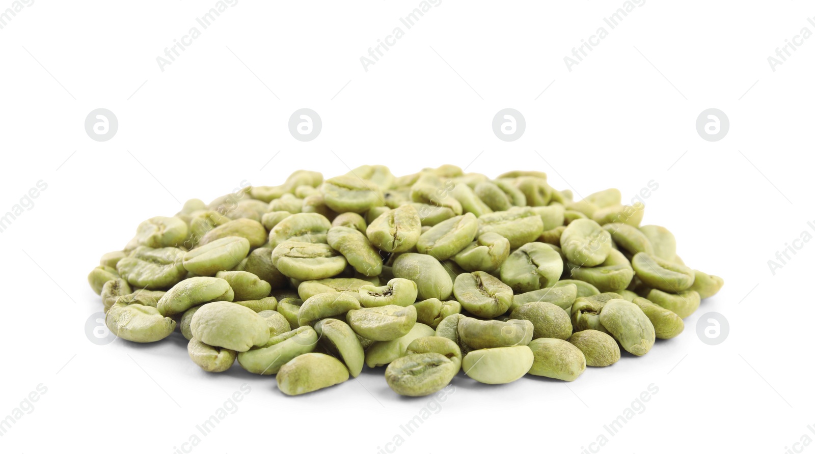 Photo of Heap of green coffee beans isolated on white