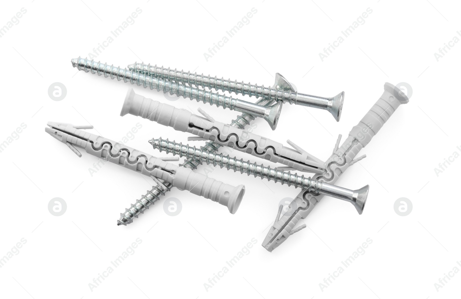 Photo of Screws with straddling dowels isolated on white, top view