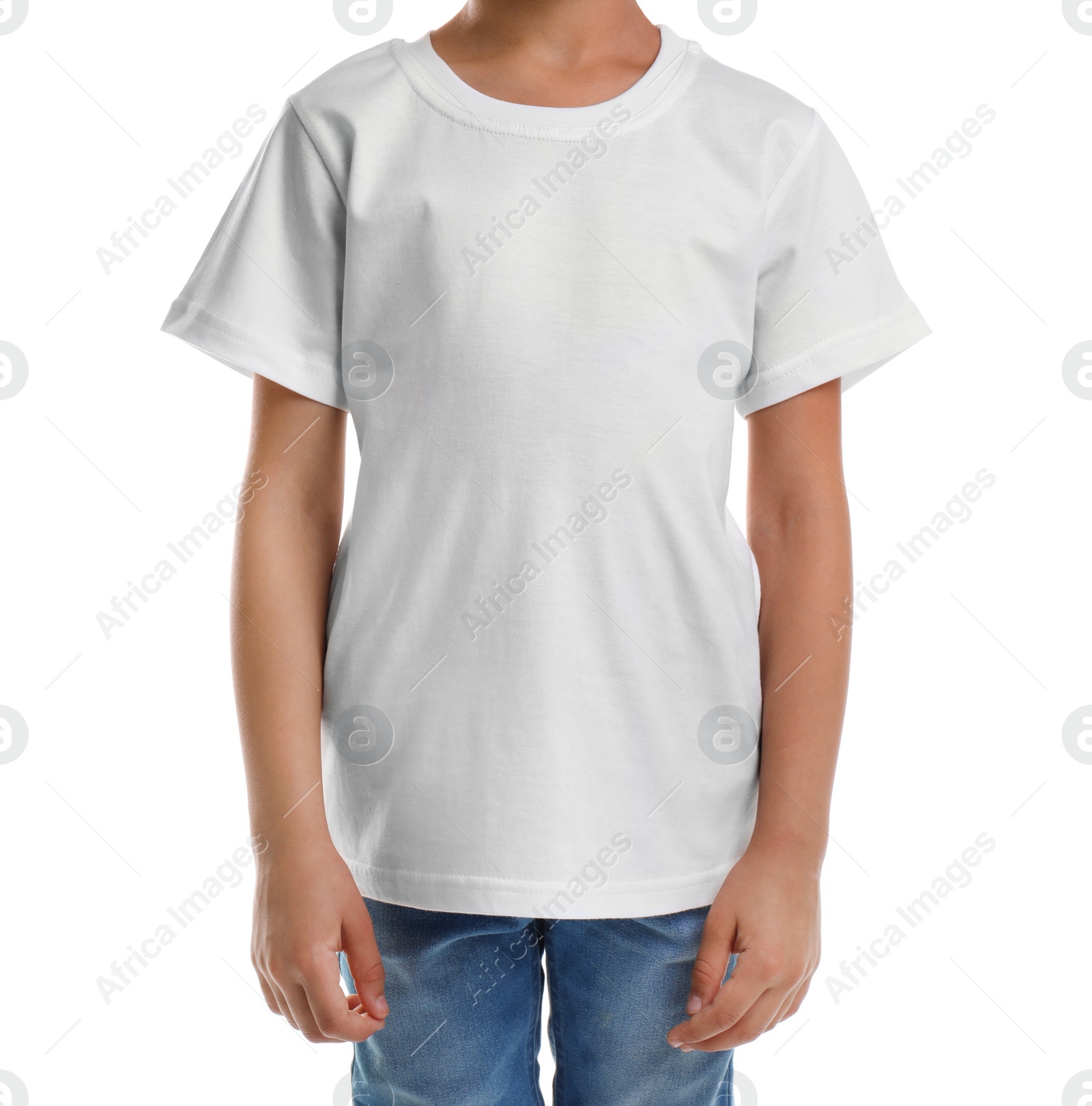 Photo of Little girl in t-shirt on white background. Mockup for design