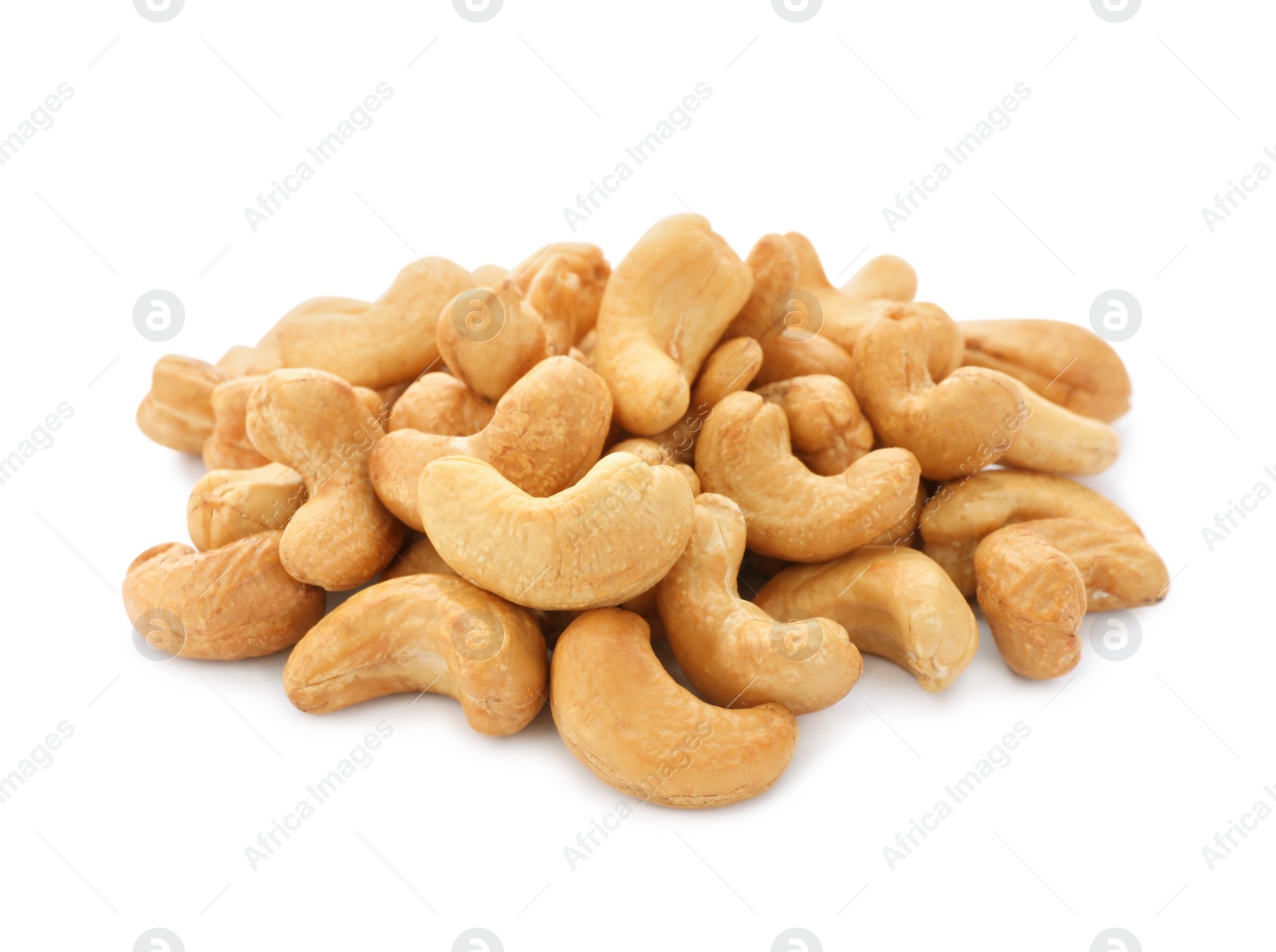 Photo of Pile of tasty organic cashew nuts isolated on white