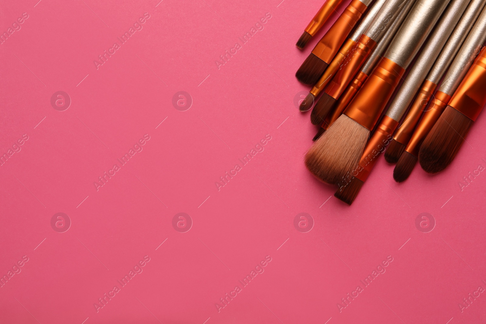 Photo of Set of makeup brushes on pink background, flat lay. Space for text