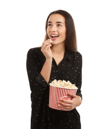 Woman with popcorn during cinema show on white background