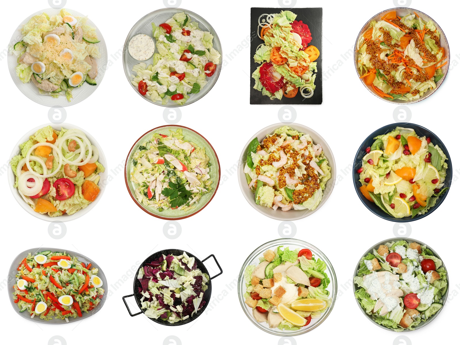 Image of Set of different tasty salads with Chinese cabbage in bowls on white background, top view