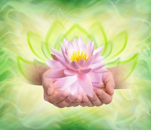 Image of Man holding beautiful lotus flower on bright background, closeup