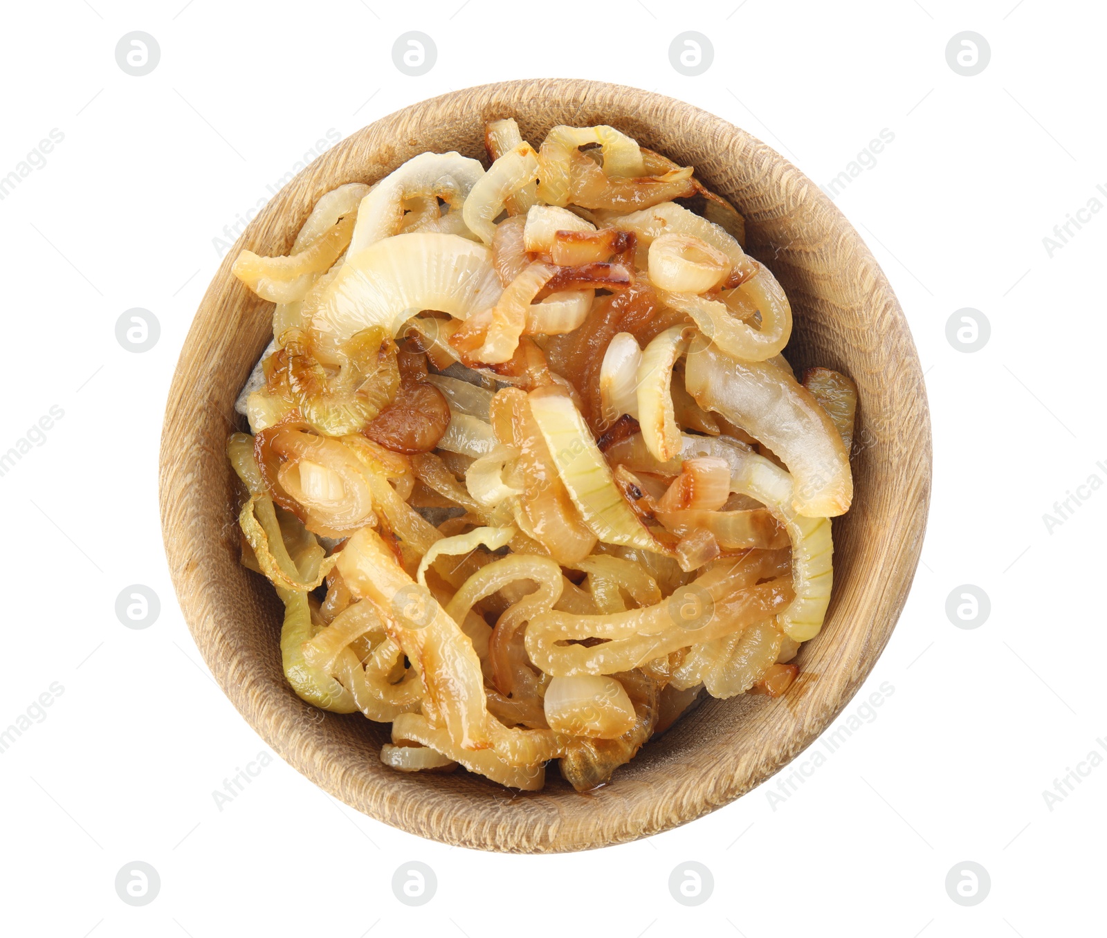 Photo of Tasty fried onion in wooden bowl isolated on white, top view