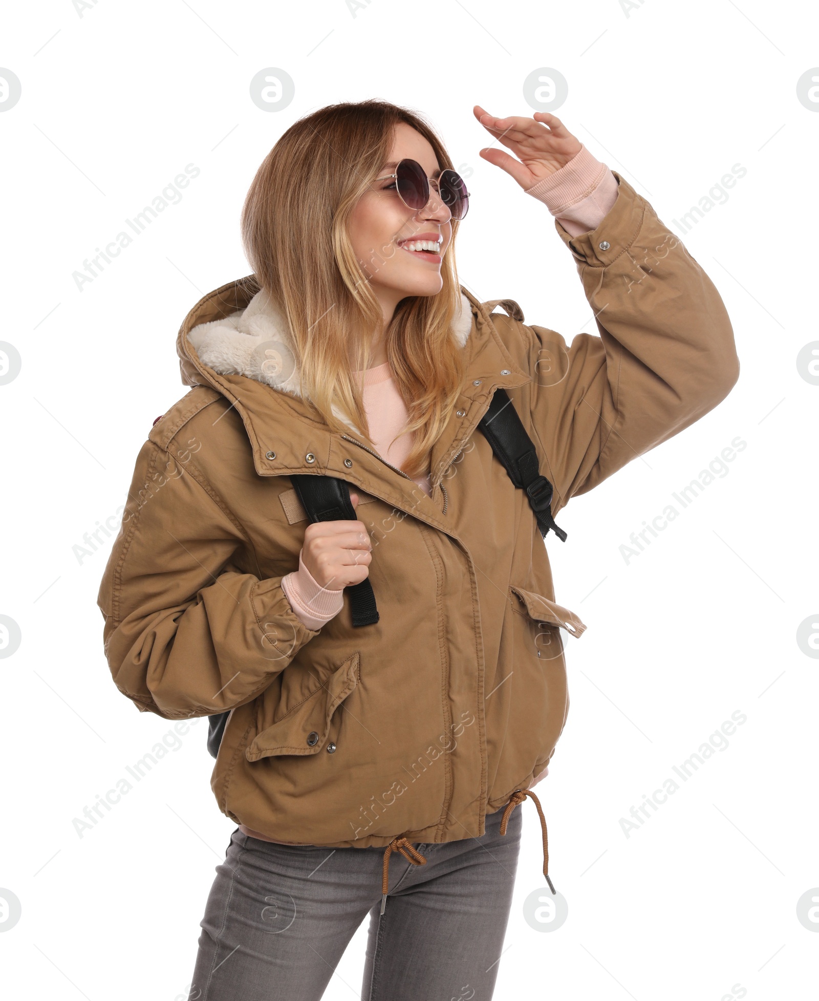 Photo of Woman with backpack on white background. Winter travel