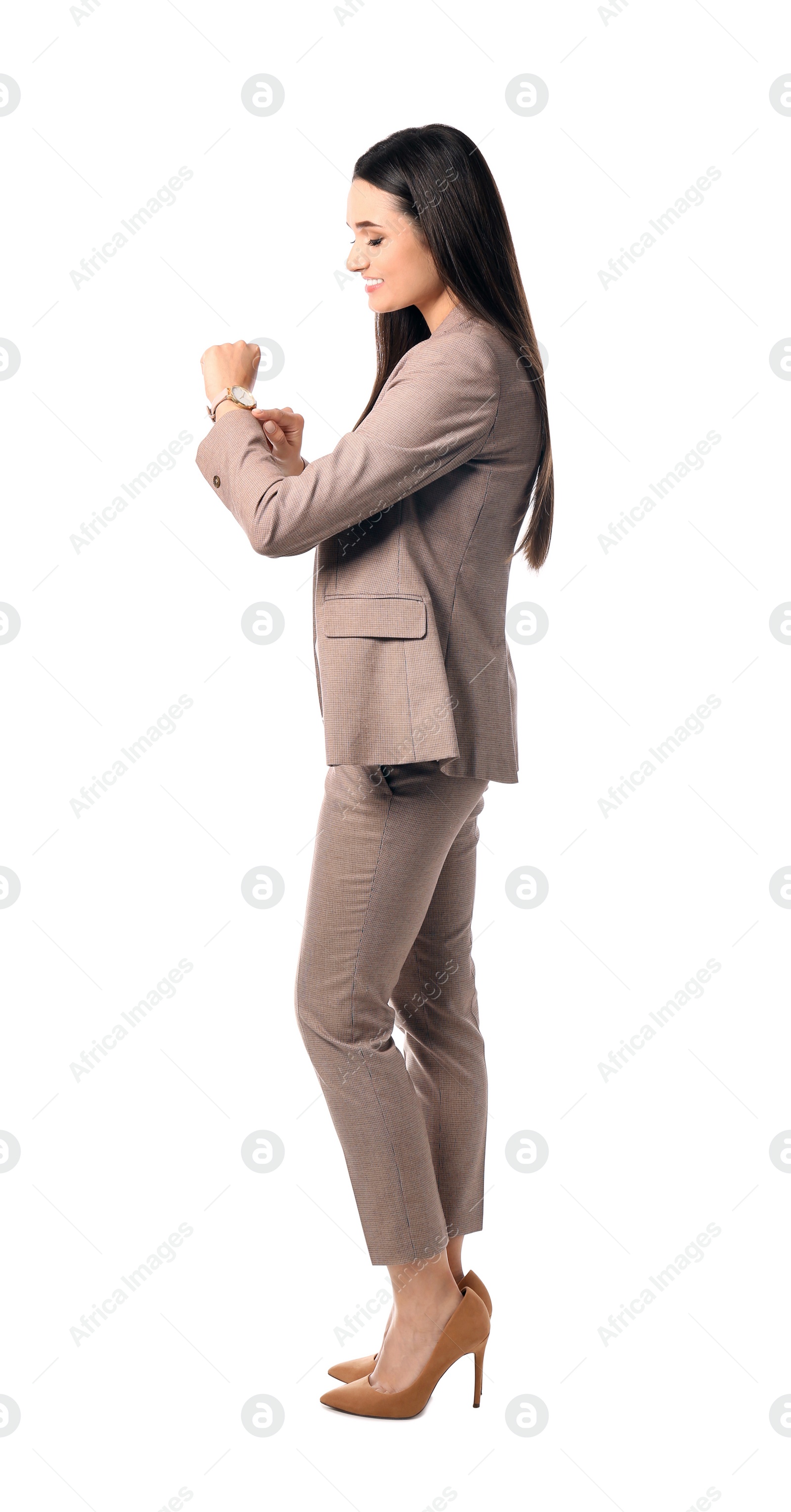 Photo of Full length portrait of businesswoman posing on white background