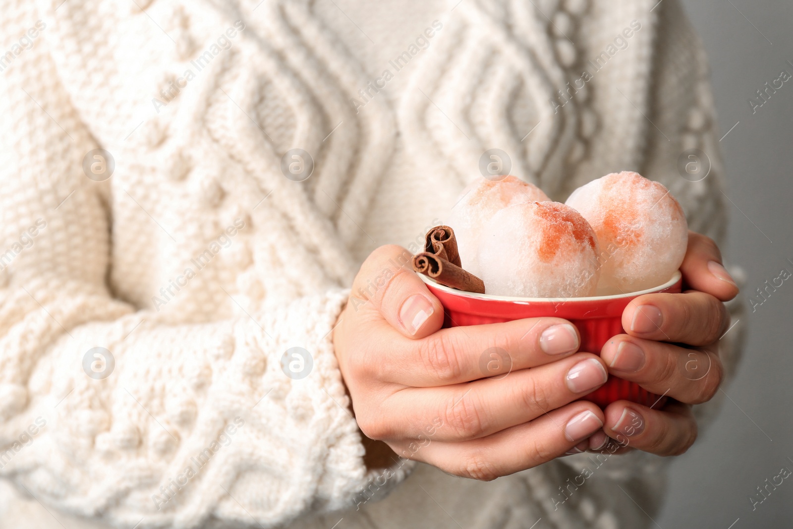 Photo of Woman with bowl of snow ice cream, closeup