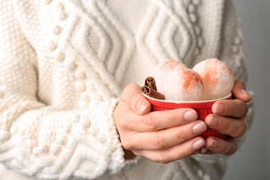 Photo of Woman with bowl of snow ice cream, closeup