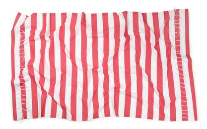 Photo of Crumpled striped beach towel isolated on white, top view