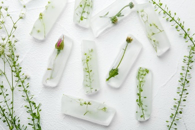 Photo of Ice cubes with flowers on white background, flat lay