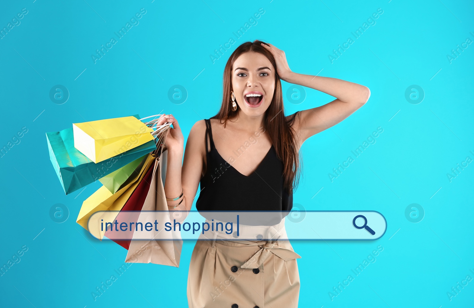 Image of Search bar with words Internet shopping and excited woman holding paper bags on background