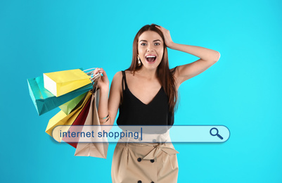 Image of Search bar with words Internet shopping and excited woman holding paper bags on background
