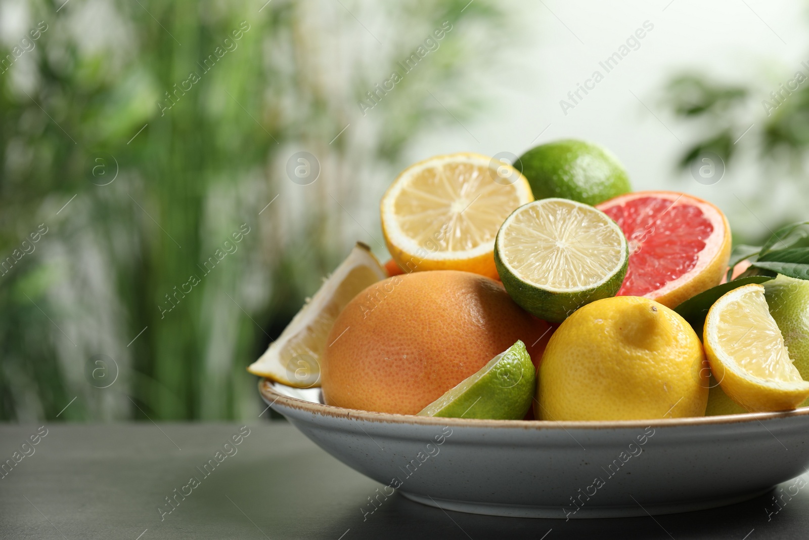 Photo of Different fresh citrus fruits on grey table against blurred background, closeup. Space for text