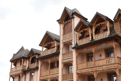 Truskavets, Ukraine - July 22, 2023: Exterior of beautiful residential building with balconies