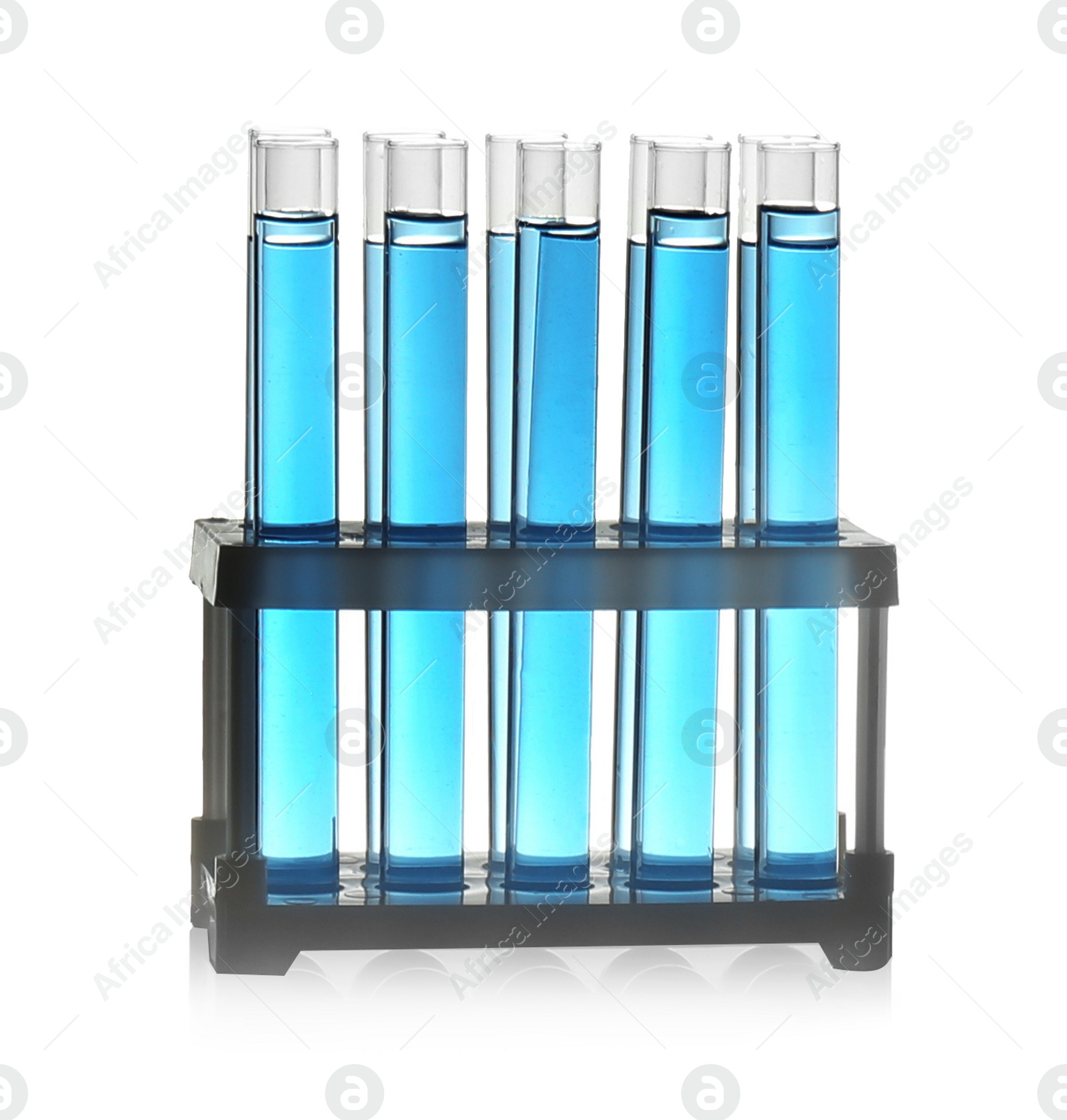 Photo of Test tubes with light blue liquid in rack isolated on white