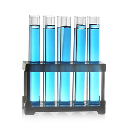 Test tubes with light blue liquid in rack isolated on white