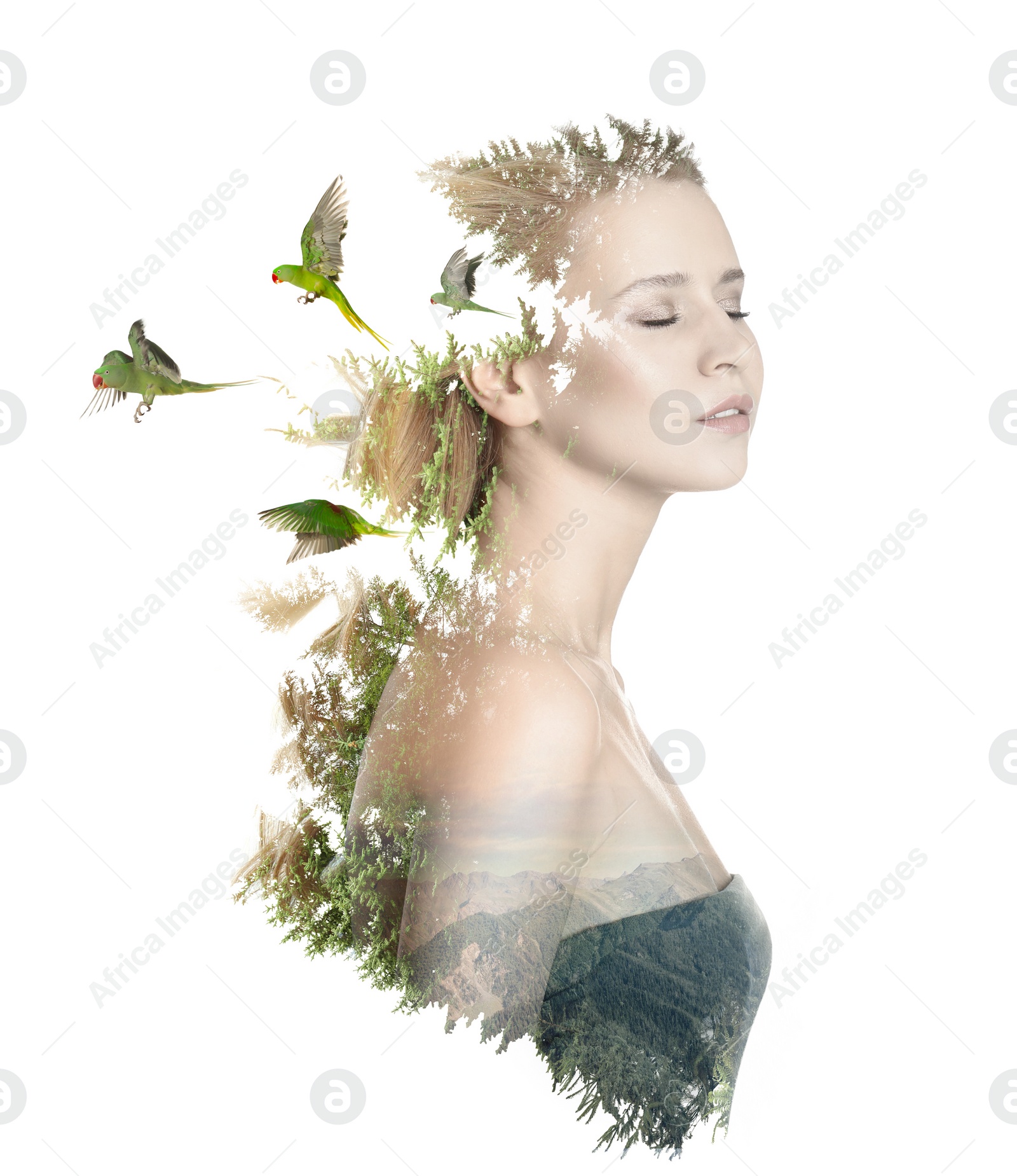 Image of Double exposure of beautiful woman and natural scenery on white background