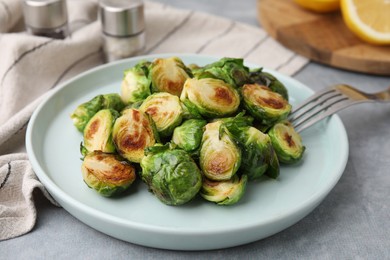 Delicious roasted Brussels sprouts on grey table, closeup