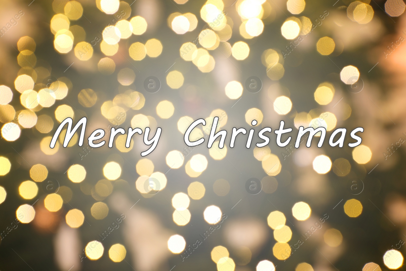 Image of Greeting card with phrase Merry Christmas on background with golden blurred lights