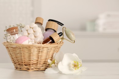 Photo of Spa gift set with different products on table indoors