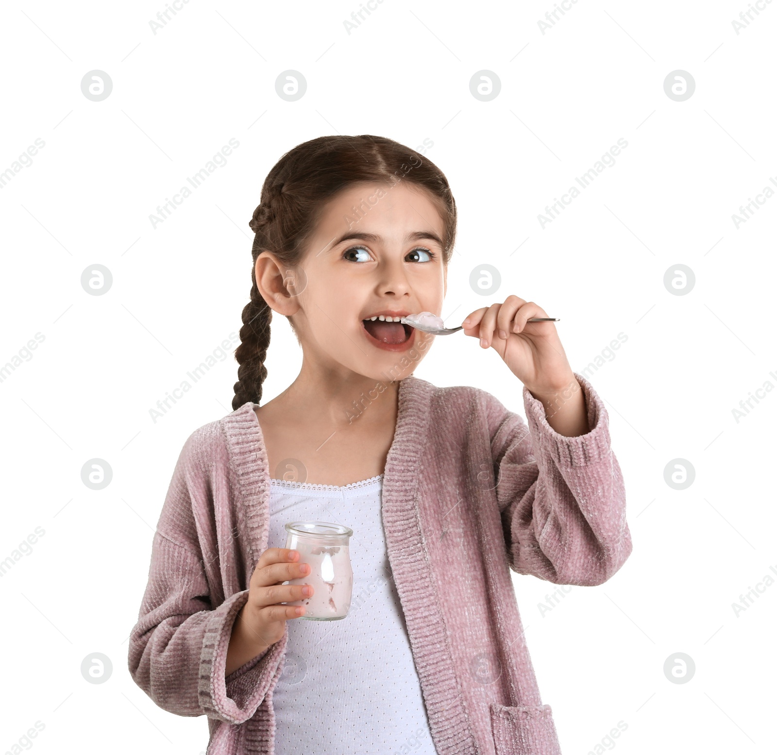 Photo of Little girl with yogurt on white background