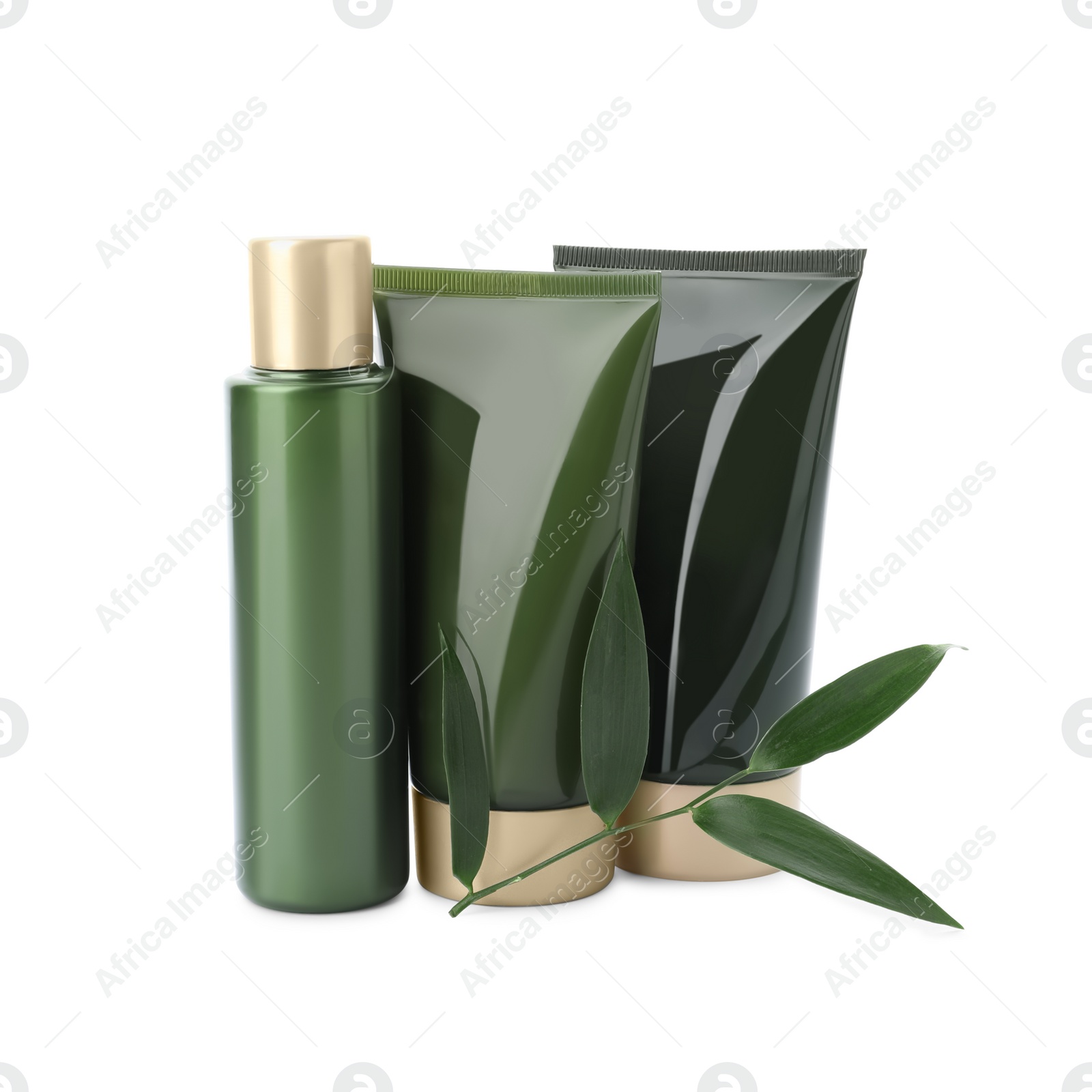 Photo of Cosmetic products and plant isolated on white