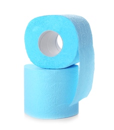 Photo of Rolls of toilet paper on white background. Personal hygiene