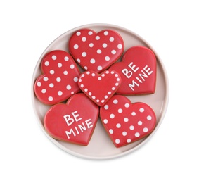 Delicious heart shaped cookies on white background, top view. Valentine's Day