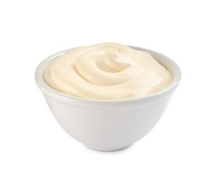 Photo of Bowl with tasty mayonnaise isolated on white