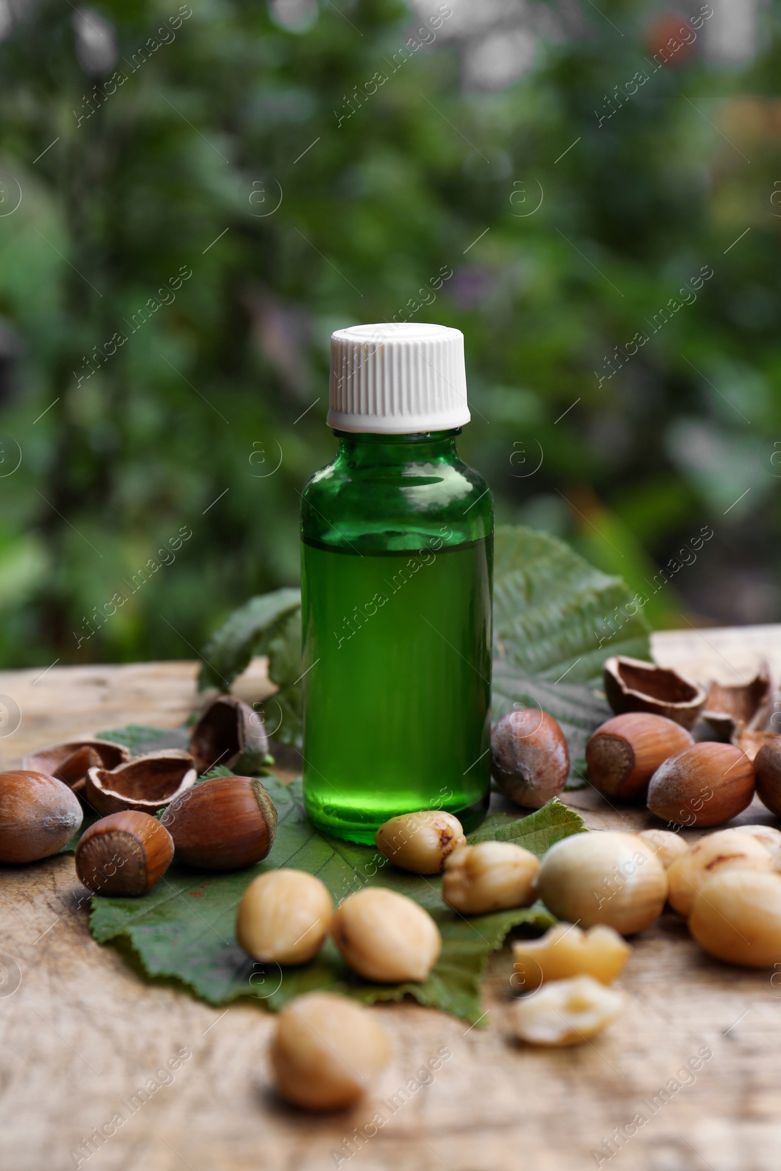 Photo of Bottle of hazelnut essential oil and nuts on wooden table