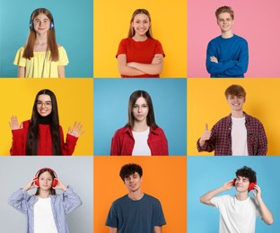 Photos of teenagers on different color backgrounds, collage