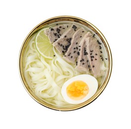 Bowl of delicious rice noodle soup with meat and egg isolated on white, top view