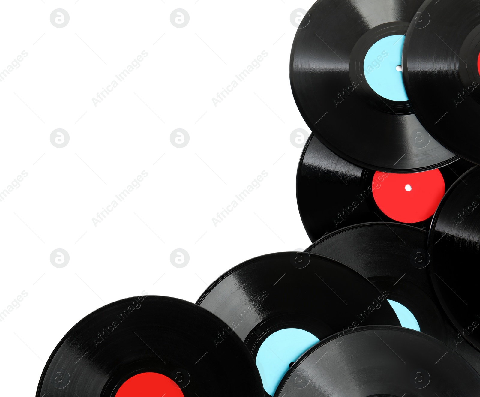 Photo of Vintage vinyl records on white background, top view