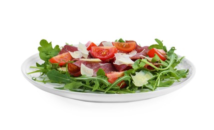 Photo of Delicious bresaola salad with parmesan cheese isolated on white