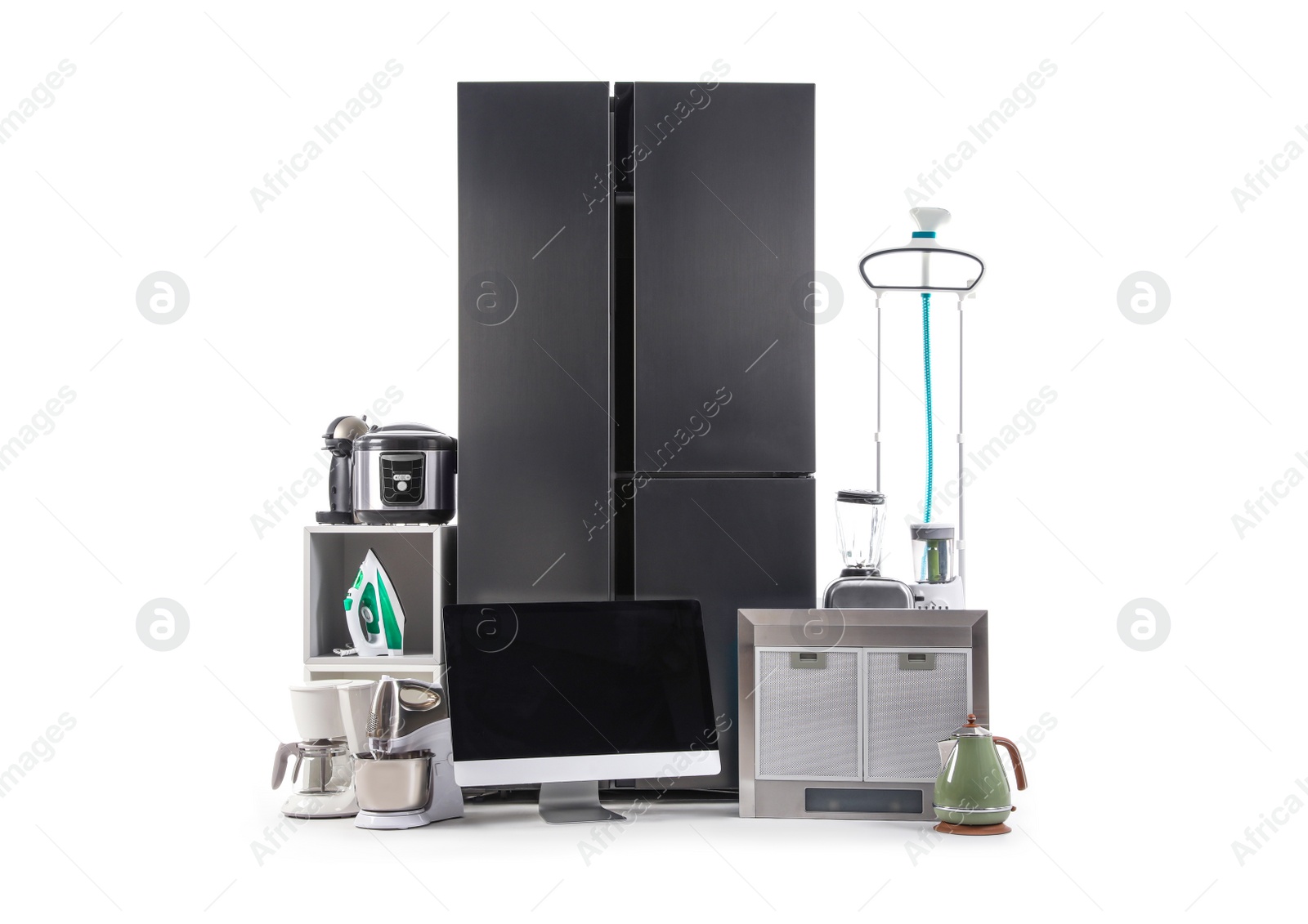 Photo of Modern refrigerator and domestic appliances isolated on white