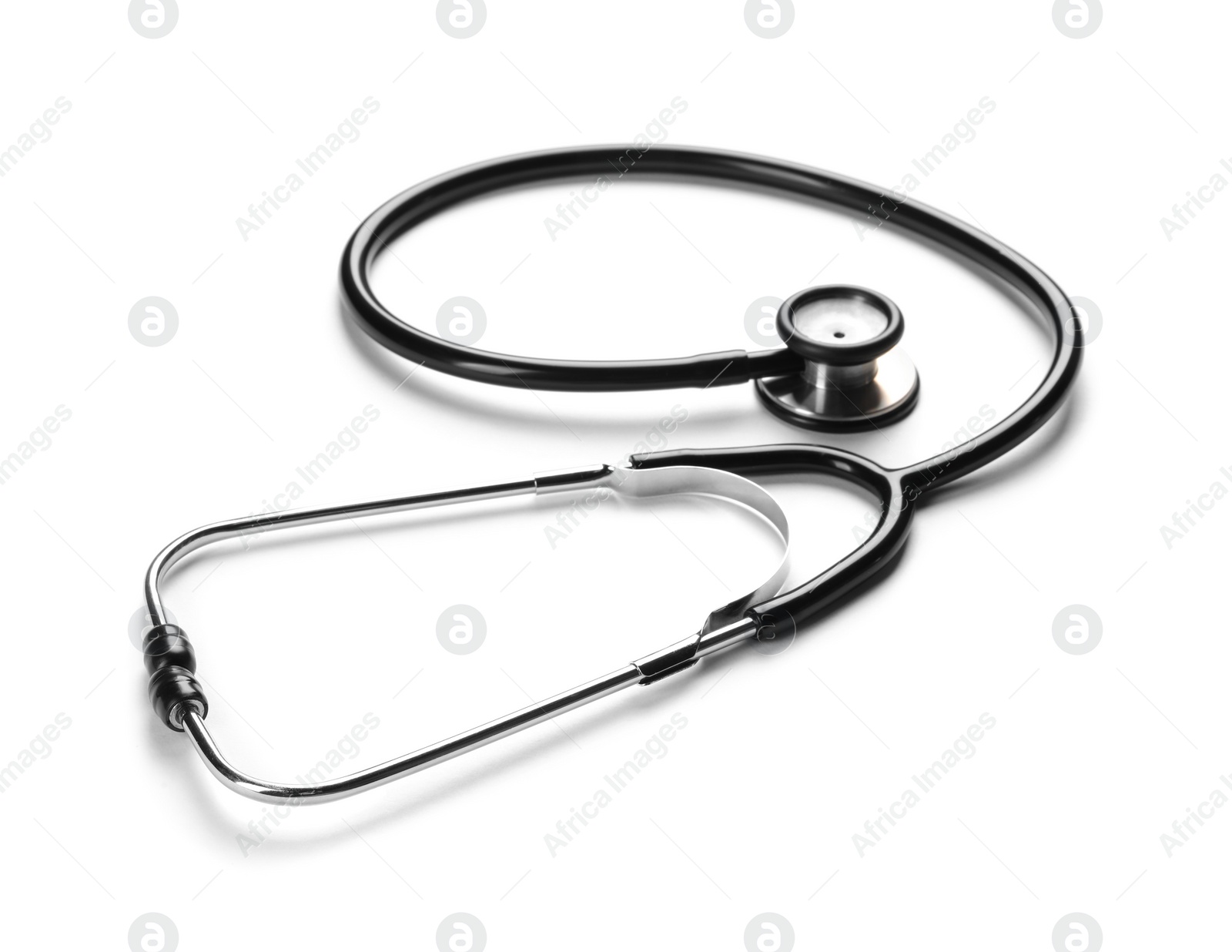 Photo of New stethoscope on white background. Medical instrument