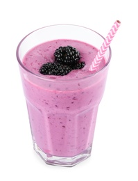 Photo of Delicious blackberry smoothie in glass on white background