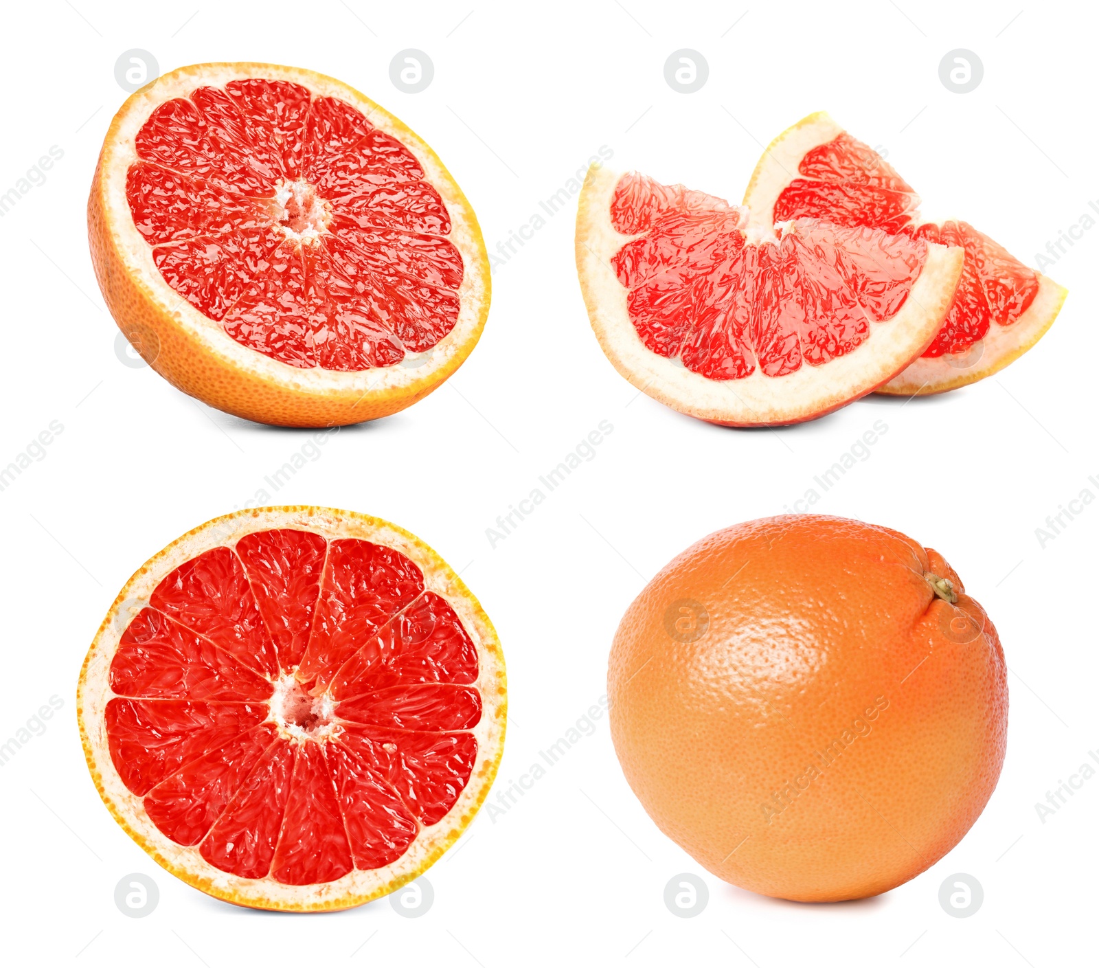 Image of Set with whole and cut ripe juicy grapefruits on white background