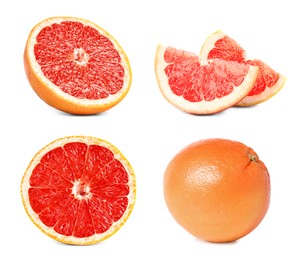 Set with whole and cut ripe juicy grapefruits on white background