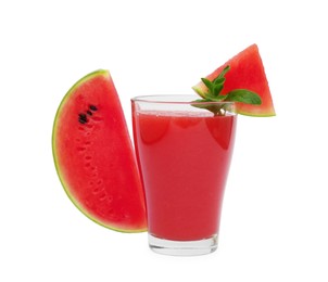 Glass of tasty watermelon drink with mint and cut fresh fruit isolated on white