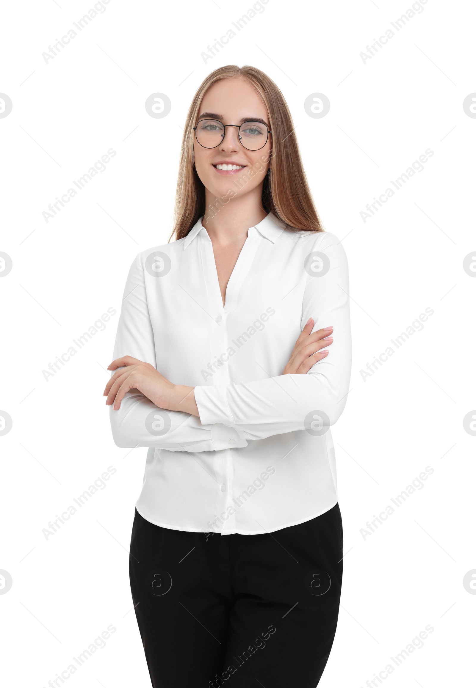 Photo of Happy young secretary with crossed arms on white background